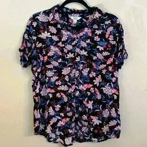 Croft & Barrow Black Floral Short Sleeve Button Blouse Size M
